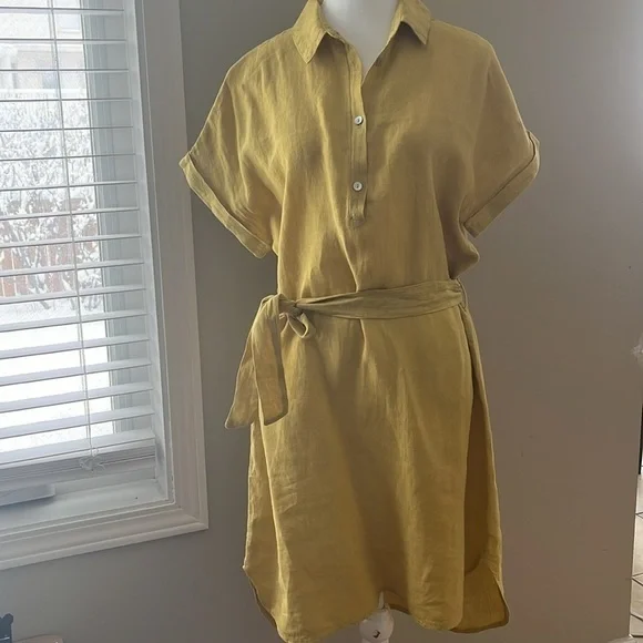 Marisa & Marie Linen Yellow Short Sleeve Mid Length Dress with Waist String - Picture 1 of 9